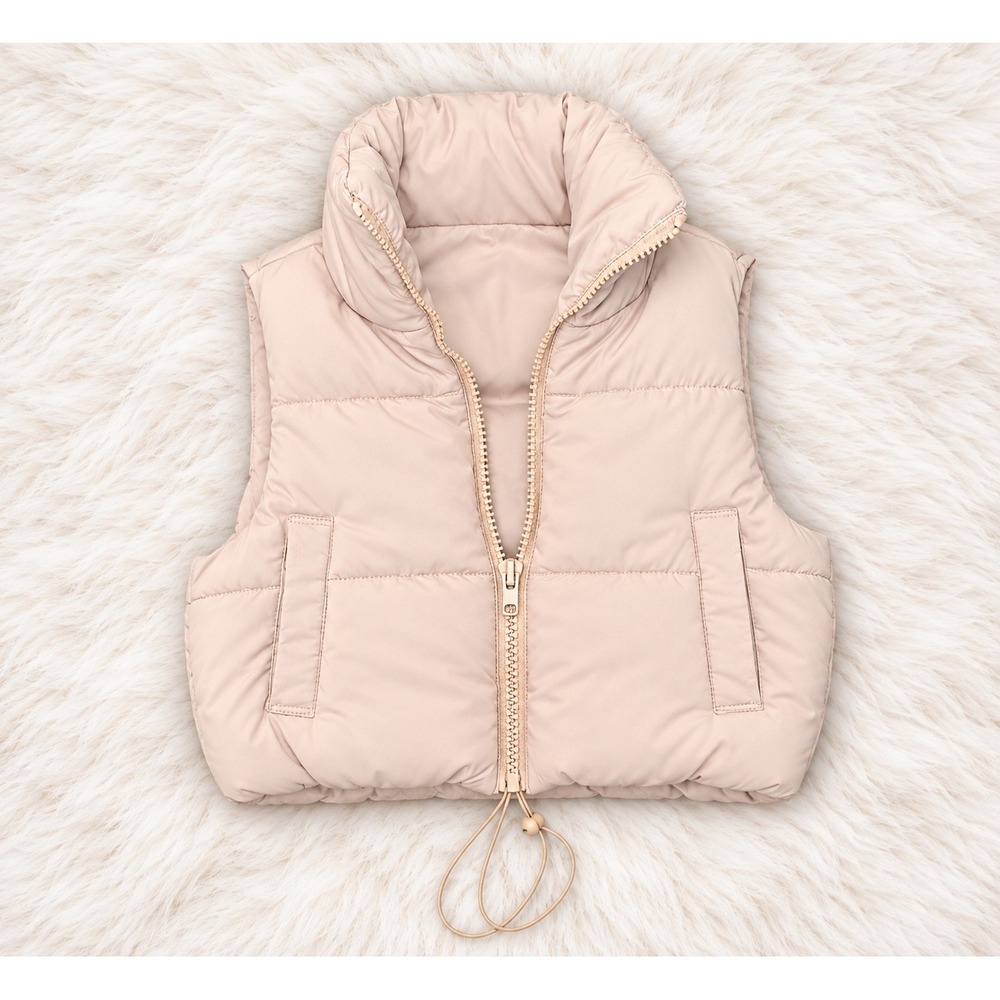 Womens Cropped Puffer Vest Beige Quilted Sleeveless Zip Up Jacket Large